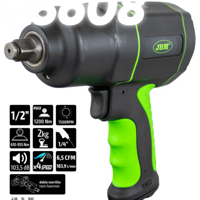 Chave de impacto pneumática preta e verde JBM com especificações técnicas ao lado