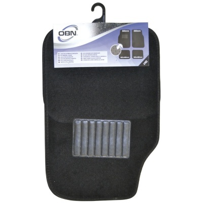 Tapete de carro preto OBN com reforço texturizado e etiqueta informativa
