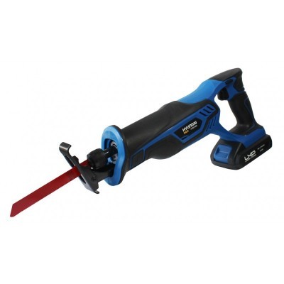 Serra tico-tico sem fios azul e preta com lâmina vermelha