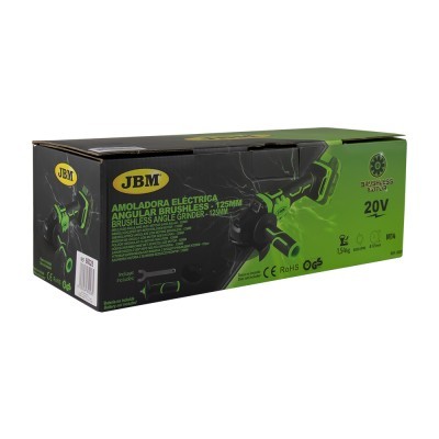 Embalagem de amoladora elétrica angular JBM preta e verde com texto e ícones