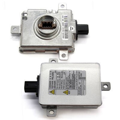 Módulo eletrónico metálico cinza com conectores e etiquetas