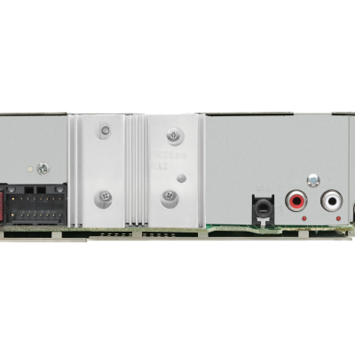 Parte traseira de dispositivo eletrónico com conectores RCA e fusível vermelho
