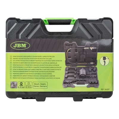 Estojo de ferramentas preto e verde da marca JBM com etiqueta amarela e alça verde