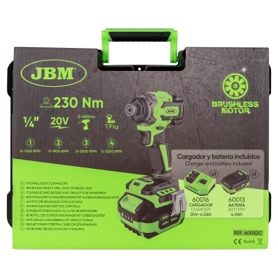 Caixa verde e preta de ferramenta elétrica JBM com texto e imagem do produto