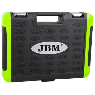 Mala rígida preta com detalhes verdes e logotipo JBM