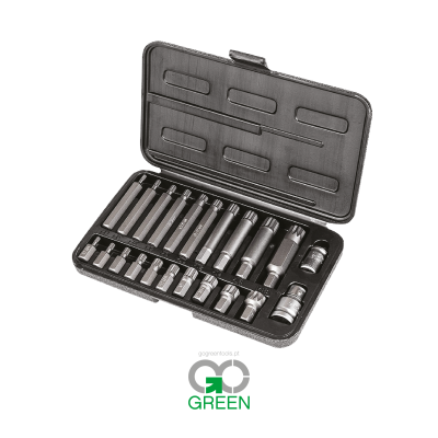 Conjunto de ferramentas metálicas em estojo cinzento com interior de espuma