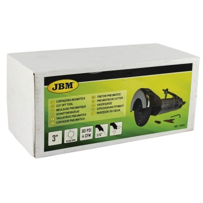 Caixa branca com etiqueta amarela e preta da marca JBM com informações sobre cortadora pneumática