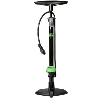 Bomba de ar manual preta com detalhes verdes e manómetro