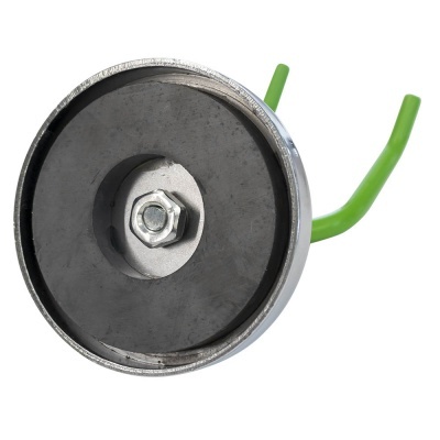 Suporte metálico circular com núcleo preto e alça verde