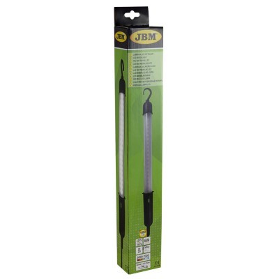 Candeeiro portátil tubular transparente com ganchos pretos em embalagem verde da marca JBM