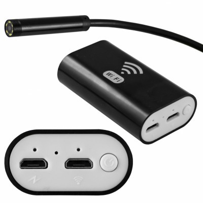 Endoscópio Wi-Fi preto com cabo e entradas micro USB