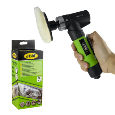 Politriz elétrica preta e verde com disco de espuma branca e embalagem JBM verde e preta