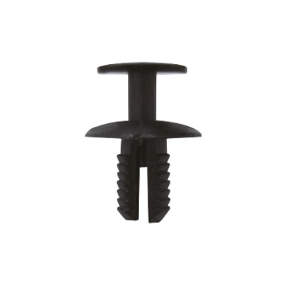 Fecho de plástico preto com cavilha bifurcada e cabeça plana circular.