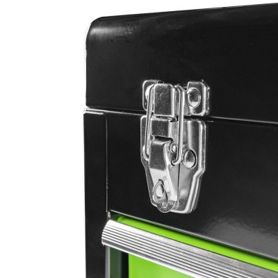 Fecho metálico prateado numa caixa preta e verde