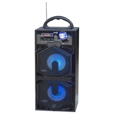 Coluna de som portátil preta com iluminação azul e antena