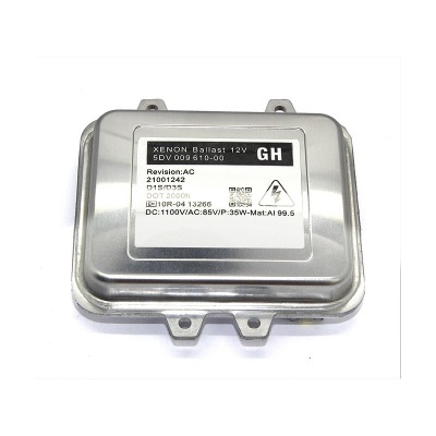 Balastro Xenon 12V metálico prateado com etiqueta técnica