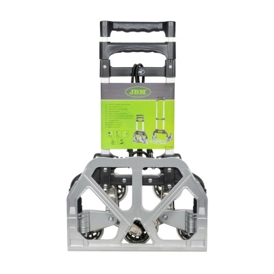 Carrinho de transporte dobrável prateado com pega preta e etiqueta verde JBM