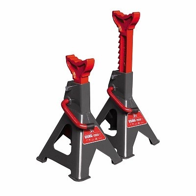 Par de macacos de carro metálicos cinza e vermelhos com capacidade de 3 toneladas