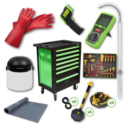Conjunto de ferramentas e equipamentos variados com carrinho verde e preto e acessórios