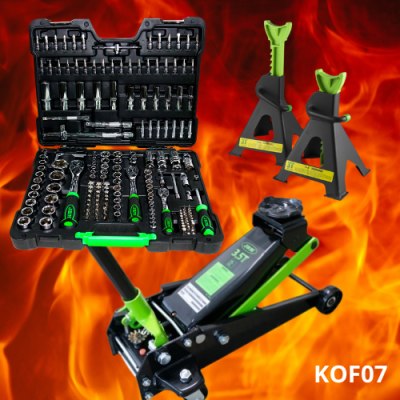 Conjunto de ferramentas com caixa preta e macaco hidráulico em fundo de chamas