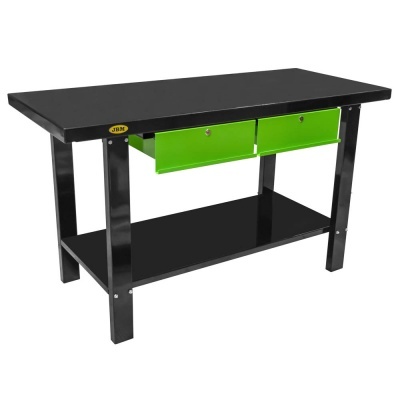 Bancada de trabalho preta com gavetas verdes e estrutura metálica