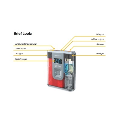 Dispositivo portátil vermelho e cinza com visor digital e várias portas de entrada e saída