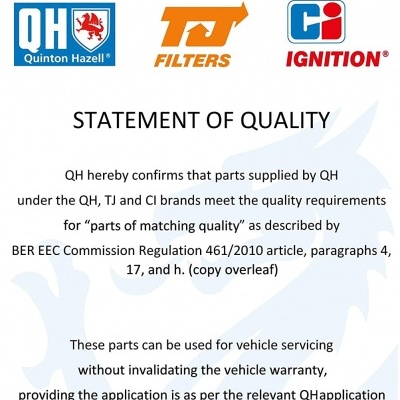 Documento com logos QH Quinton Hazell, TJ Filters, CI Ignition e texto sobre qualidade das peças
