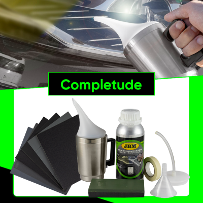 Kit completo para restauração de faróis automotivos da JBM em maleta preta com acessórios variados e imagens de uso no farol do carro