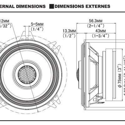 Diagrama técnico detalhado de uma coluna de áudio com medidas em milímetros