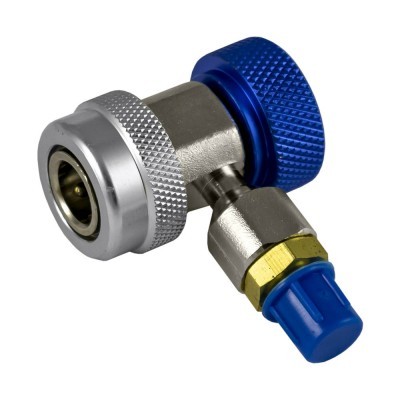 Conector metálico prateado e azul com rosca e botão texturizado