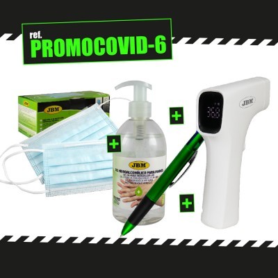 Conjunto de prevenção COVID-19 com máscaras, álcool gel, termómetro digital e caneta