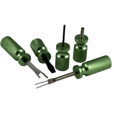 Conjunto de cinco ferramentas de metal com cabo verde metalizado e diferentes pontas