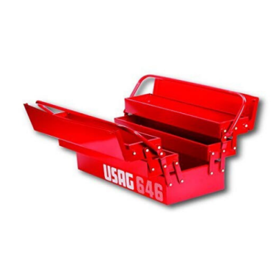 Caixa de ferramentas vermelha metálica aberta com a inscrição USAG 646