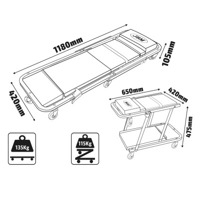 Carrinho para oficina com rodas, acolchoado e estrutura metálica, marcas de medidas e capacidade de peso.