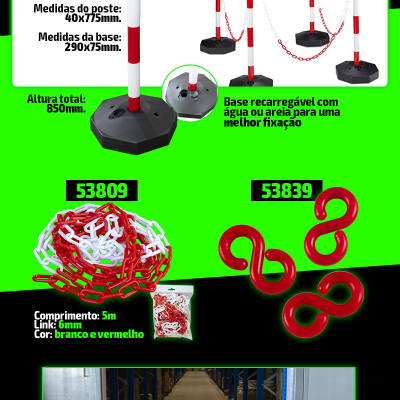 Poste de sinalização vermelho e branco com base preta, corrente plástica e correntes em forma de S vermelhas