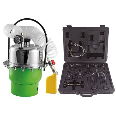 Equipamento de limpeza com recipiente metálico verde e kit de acessórios numa caixa preta