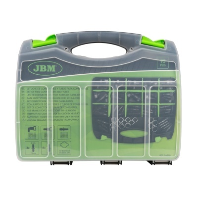Caixa de ferramentas cinzenta e verde JBM com 40 peças, texto descritivo e fundo branco
