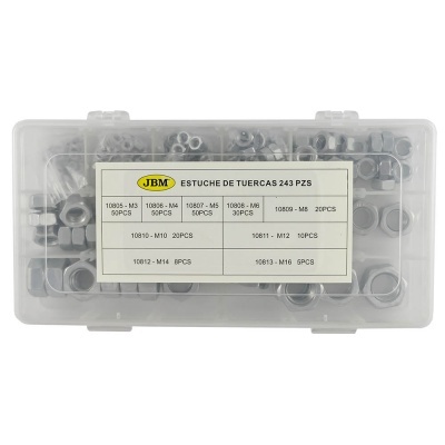 Estojo transparente com 243 porcas metálicas de tamanhos variados da marca JBM