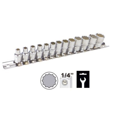 Conjunto de chaves de soquete cromadas em barra metálica prateada com símbolos 1/4 e chave inglesa