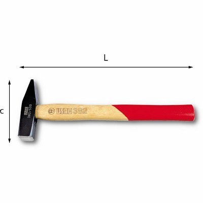 Martelo com cabo de madeira vermelho e natural e cabeça preta e cinza