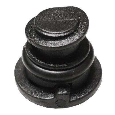 Peça plástica preta cilíndrica com três secções. 