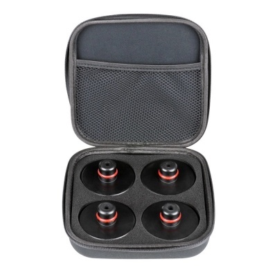 Estojo cinzento com quatro peças pretas com anéis vermelhos no interior em espuma