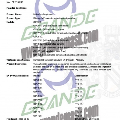 Certificado de exame UE para respiradores filtrantes tipo copo moldado com modelos e especificações técnicas