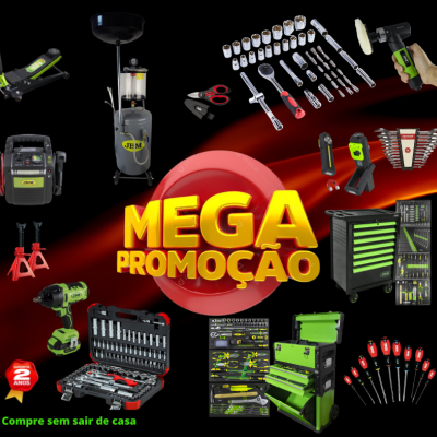 Ferramentas mecânicas em promoção sobre fundo preto e vermelho