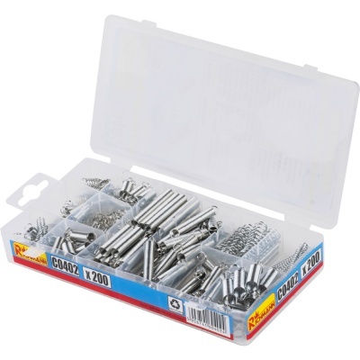 Caixa plástica transparente com conjunto de parafusos e molas metálicas prateadas