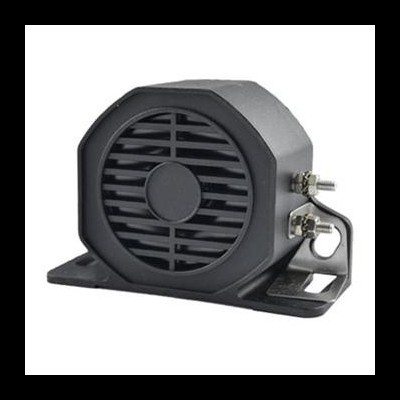 Sirene eletrónica preta com grelha circular e base metálica