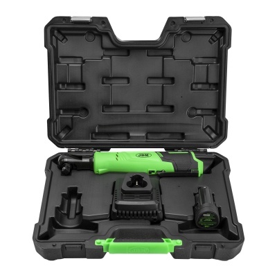 Conjunto de ferramenta elétrica verde e preta num estojo preto com interior moldado.