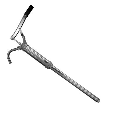 Bomba manual metálica para líquidos com alavanca preta e corpo cilíndrico prateado