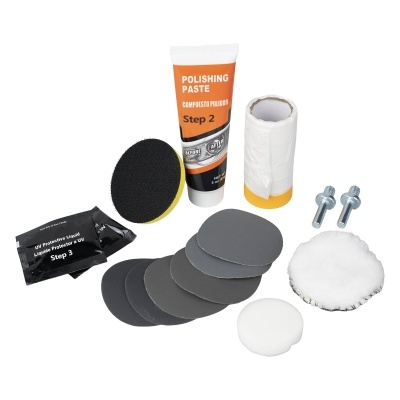 Kit de polimento com pasta, discos abrasivos, esponjas, parafusos e pano