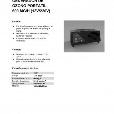 Folheto técnico do gerador de ozono portátil JBM com descrições e imagem do dispositivo preto